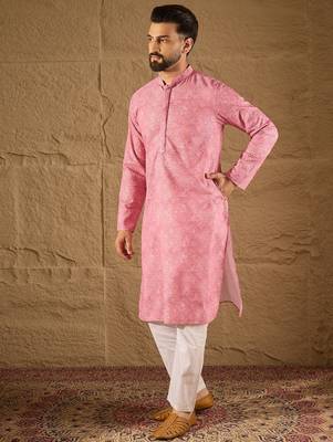 Men pink viscose rayon bandhani embroidered straight kurta 5