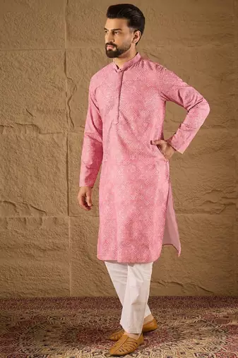 Men pink viscose rayon bandhani embroidered straight kurta