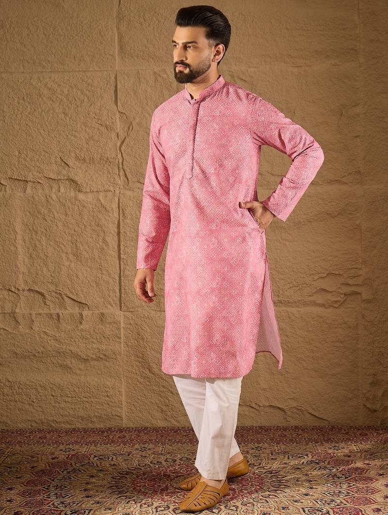Men pink viscose rayon bandhani embroidered straight kurta