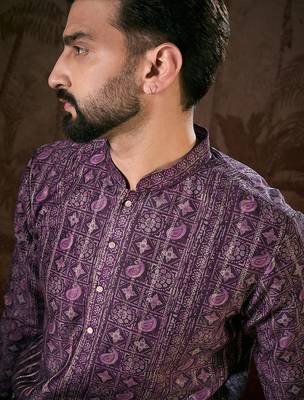 Men purple silk blend ethnic motifs printed straight kurta with trouser 1