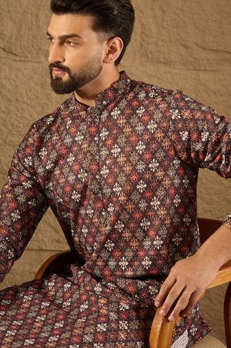 Men brown viscose rayon ethnic motifs embroidered straight kurta
