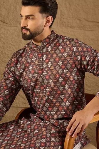Men brown viscose rayon ethnic motifs embroidered straight kurta