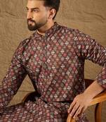 Men brown viscose rayon ethnic motifs embroidered straight kurta