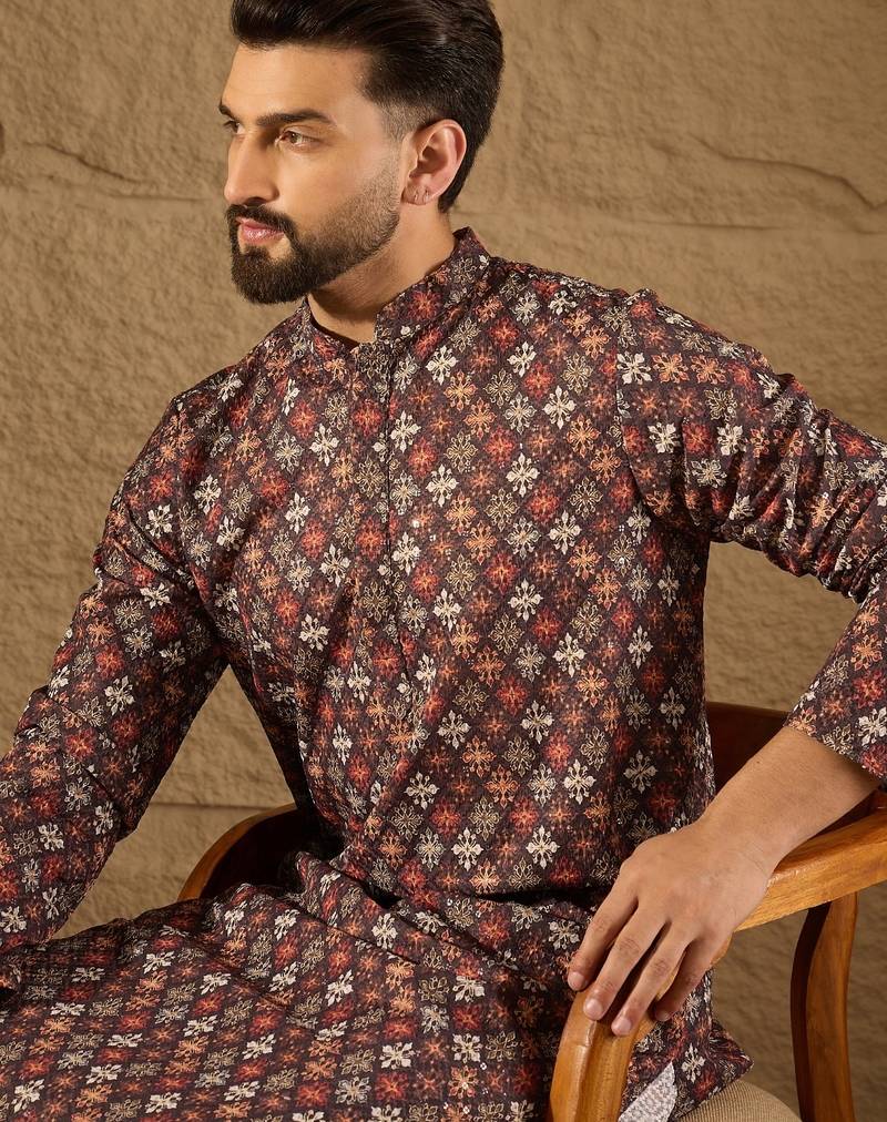 Men brown viscose rayon ethnic motifs embroidered straight kurta