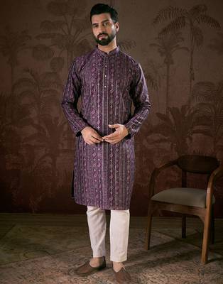 Men purple silk blend ethnic motifs printed straight kurta with trouser 2