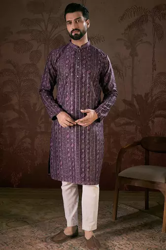 Men purple silk blend ethnic motifs printed straight kurta with trouser