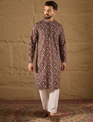 Men brown viscose rayon ethnic motifs embroidered straight kurta 2