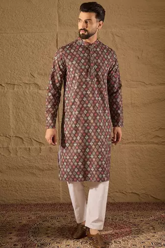 Men brown viscose rayon ethnic motifs embroidered straight kurta