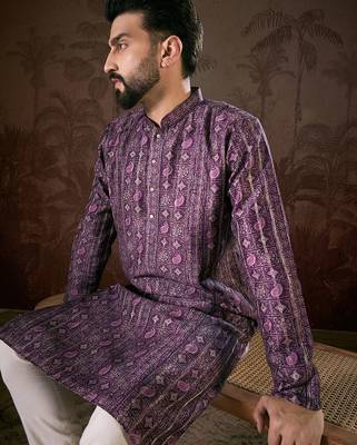 Men purple silk blend ethnic motifs printed straight kurta with trouser 3
