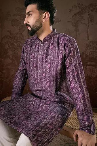 Men purple silk blend ethnic motifs printed straight kurta with trouser