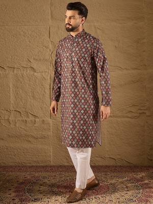 Men brown viscose rayon ethnic motifs embroidered straight kurta 3