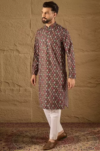 Men brown viscose rayon ethnic motifs embroidered straight kurta