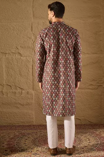 Men brown viscose rayon ethnic motifs embroidered straight kurta