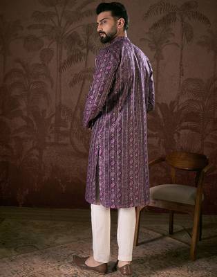 Men purple silk blend ethnic motifs printed straight kurta with trouser 4