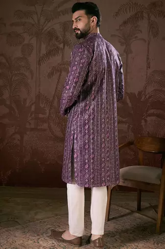 Men purple silk blend ethnic motifs printed straight kurta with trouser