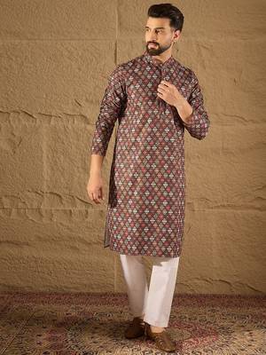 Men brown viscose rayon ethnic motifs embroidered straight kurta 5
