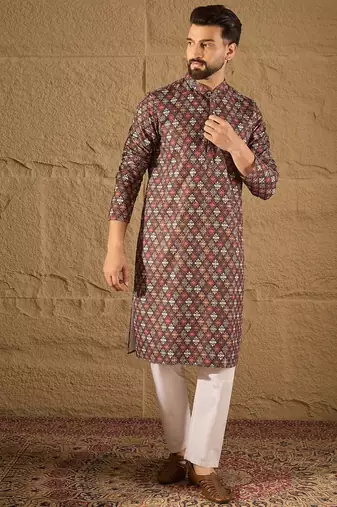 Men brown viscose rayon ethnic motifs embroidered straight kurta
