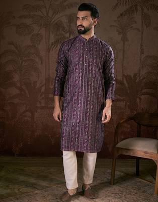 Men purple silk blend ethnic motifs printed straight kurta with trouser 5