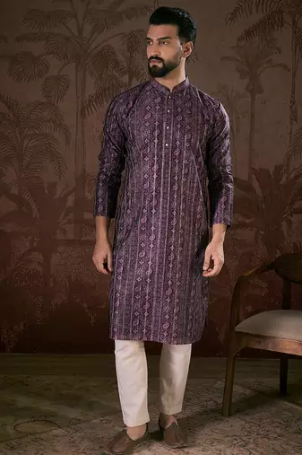 Men purple silk blend ethnic motifs printed straight kurta with trouser