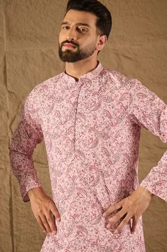 Men pink viscose rayon ethnic motifs embroidered straight kurta