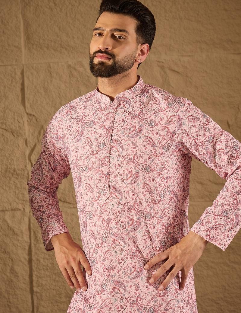 Men pink viscose rayon ethnic motifs embroidered straight kurta