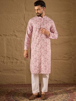 Men pink viscose rayon ethnic motifs embroidered straight kurta 1