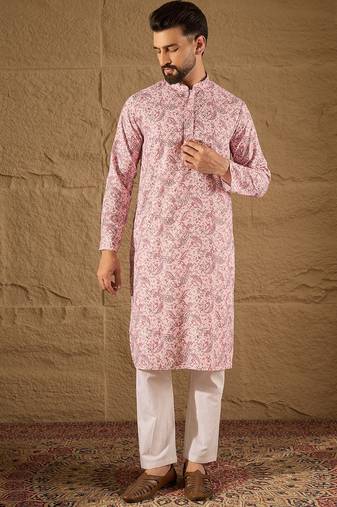 Men pink viscose rayon ethnic motifs embroidered straight kurta