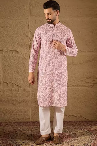 Men pink viscose rayon ethnic motifs embroidered straight kurta