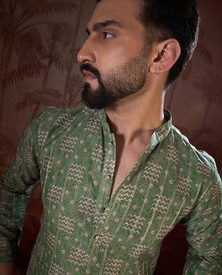 Men green silk blend ethnic motifs printed straight kurta with trouser 1