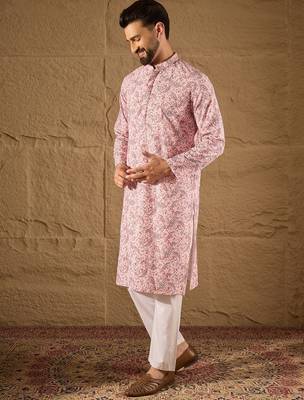 Men pink viscose rayon ethnic motifs embroidered straight kurta 3