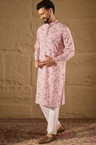 Men pink viscose rayon ethnic motifs embroidered straight kurta