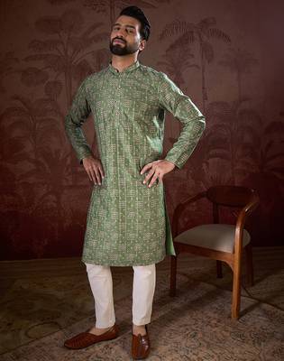 Men green silk blend ethnic motifs printed straight kurta with trouser 2
