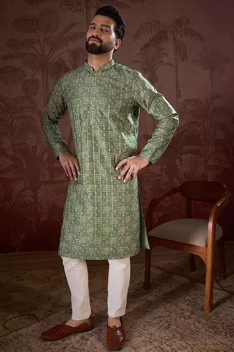 Men green silk blend ethnic motifs printed straight kurta with trouser