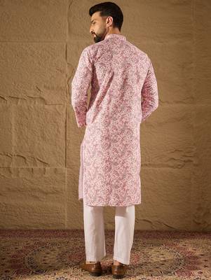 Men pink viscose rayon ethnic motifs embroidered straight kurta 4