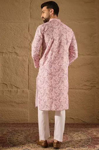 Men pink viscose rayon ethnic motifs embroidered straight kurta