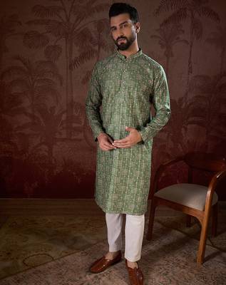 Men green silk blend ethnic motifs printed straight kurta with trouser 3