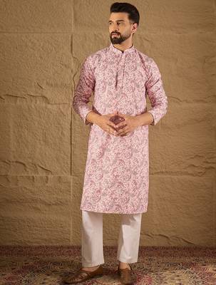 Men pink viscose rayon ethnic motifs embroidered straight kurta 5