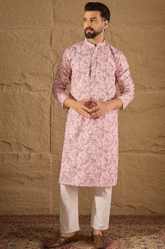 Men pink viscose rayon ethnic motifs embroidered straight kurta