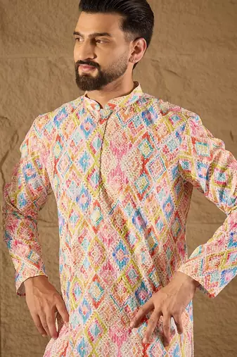 Men multi viscose rayon abstract embroidered straight kurta