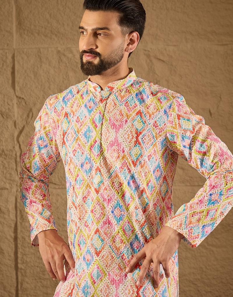 Men multi viscose rayon abstract embroidered straight kurta