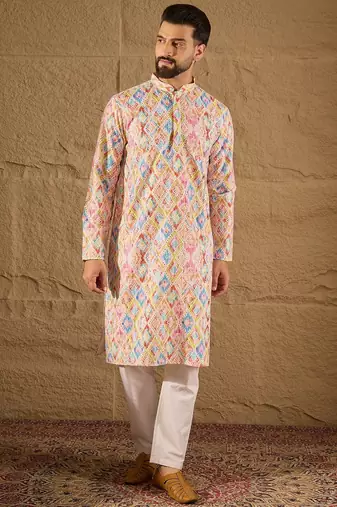 Men multi viscose rayon abstract embroidered straight kurta