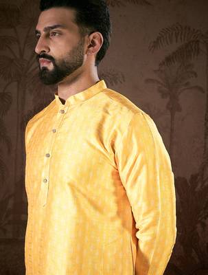 Men yellow silk blend ethnic motifs printed straight kurta with trouser 1