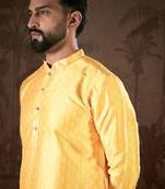 Men yellow silk blend ethnic motifs printed straight kurta with trouser