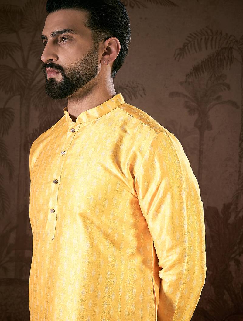 Men yellow silk blend ethnic motifs printed straight kurta with trouser