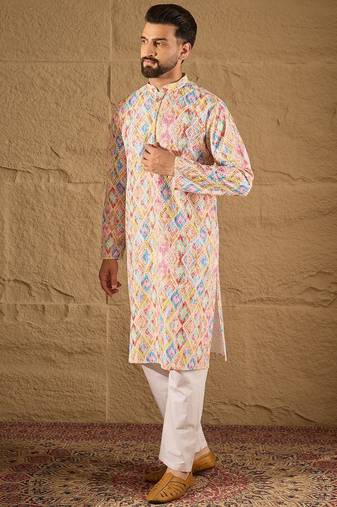 Men multi viscose rayon abstract embroidered straight kurta