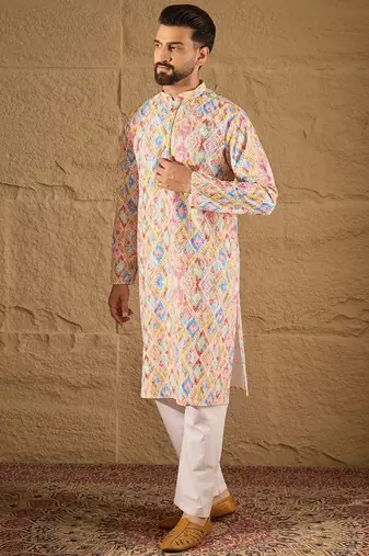Men multi viscose rayon abstract embroidered straight kurta