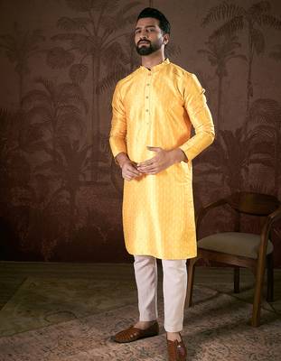 Men yellow silk blend ethnic motifs printed straight kurta with trouser 3