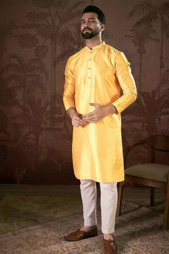Men yellow silk blend ethnic motifs printed straight kurta with trouser