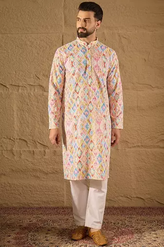 Men multi viscose rayon abstract embroidered straight kurta