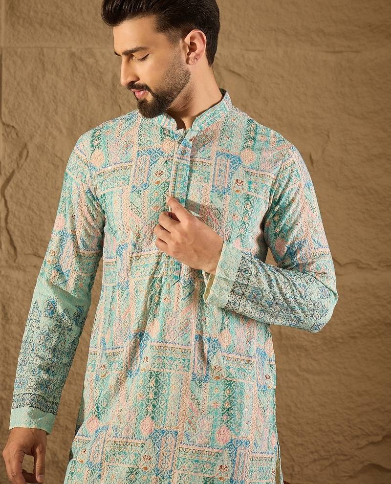 Men sea green viscose rayon abstract embroidered straight kurta